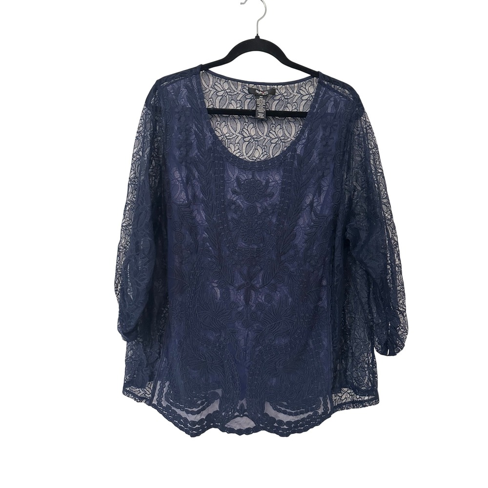 Style & Co Woman Navy Blue Lace Floral Embroidered 3/4 Sleeve Top 2X Fairygrunge